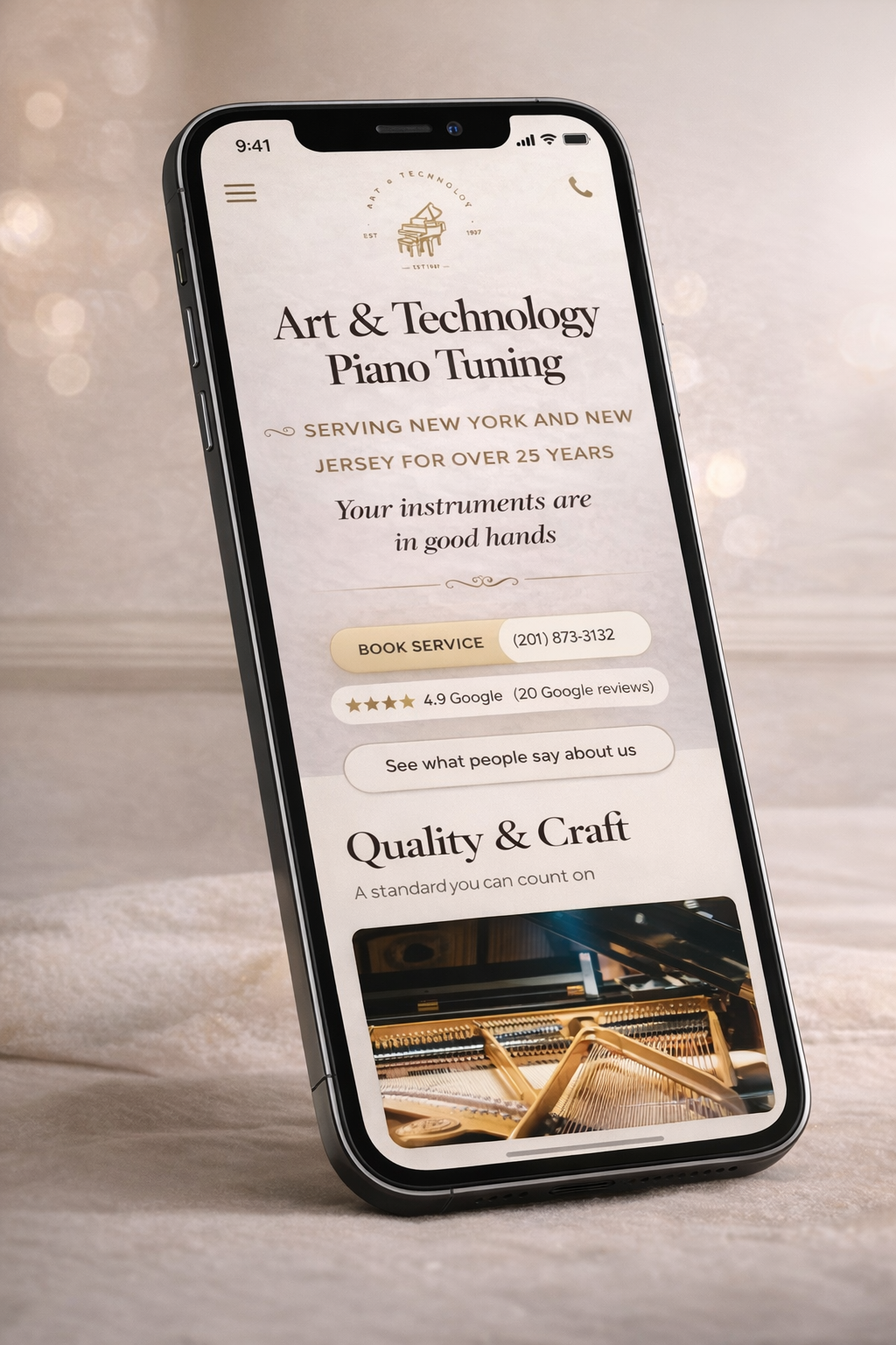 Art & Technology Piano Tuning — mobile-first cream and gold interface.