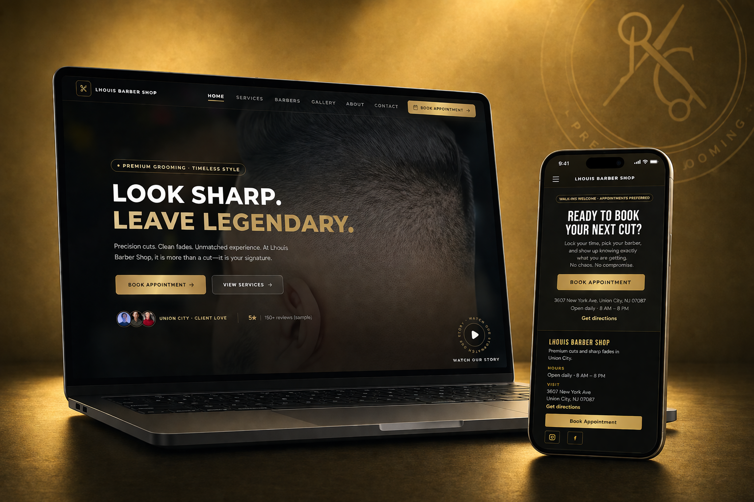 Lhouis Barbershop — concept mockup: laptop and phone with booking UI.