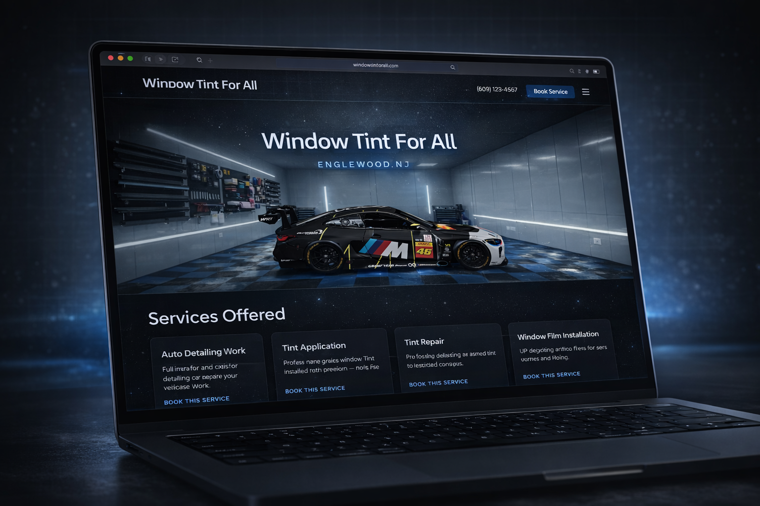 Window Tint for All — mock demo: 3D-style website hero with garage environment.