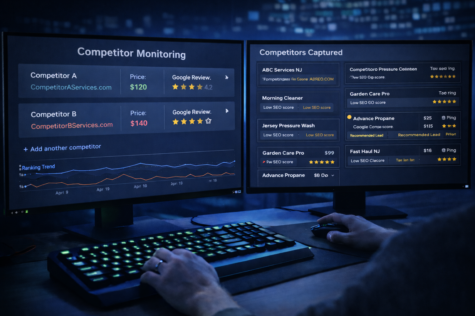 Automation example — competitor monitoring and leads dashboard