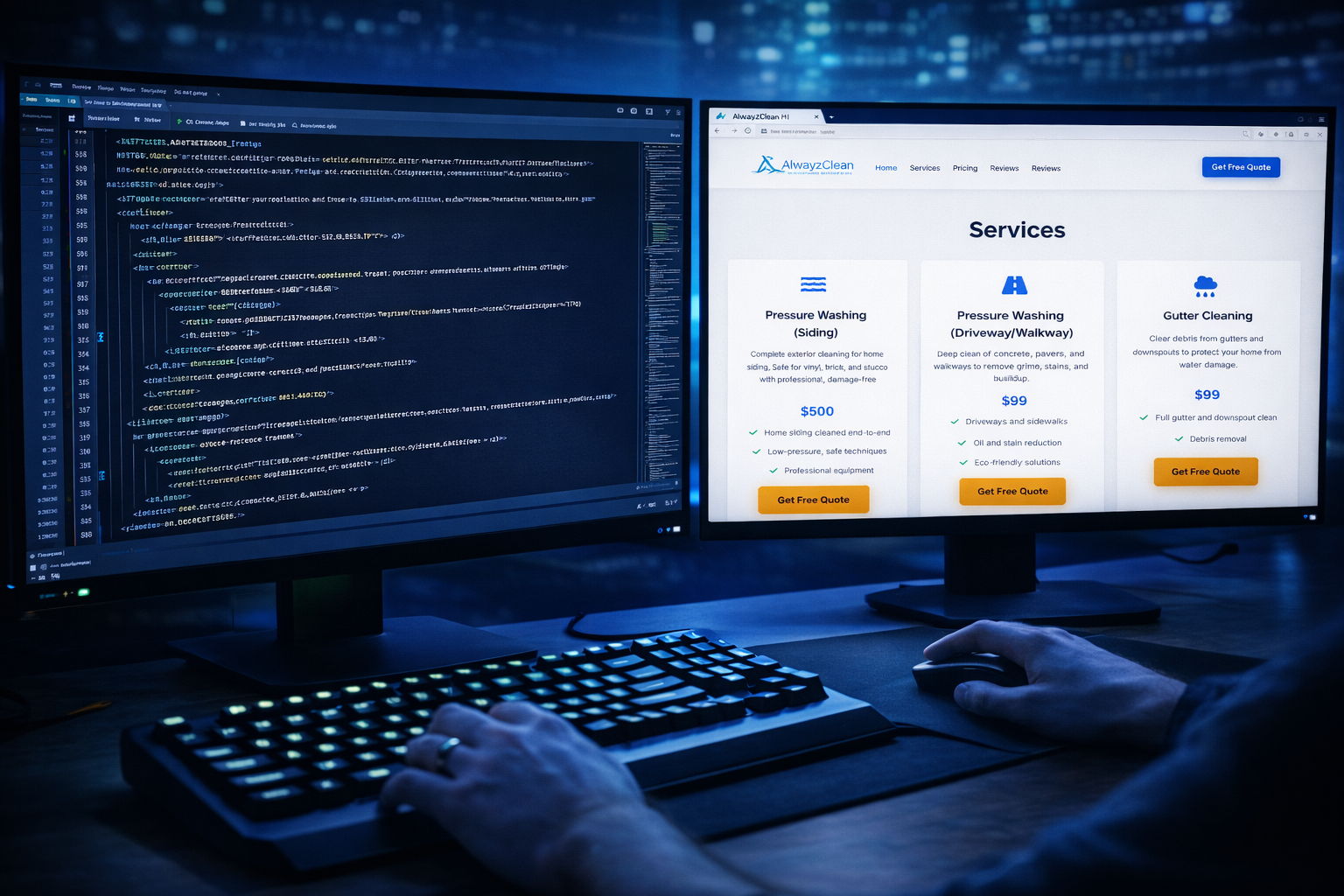 Website design work sample — AlwayzClean services page and IDE