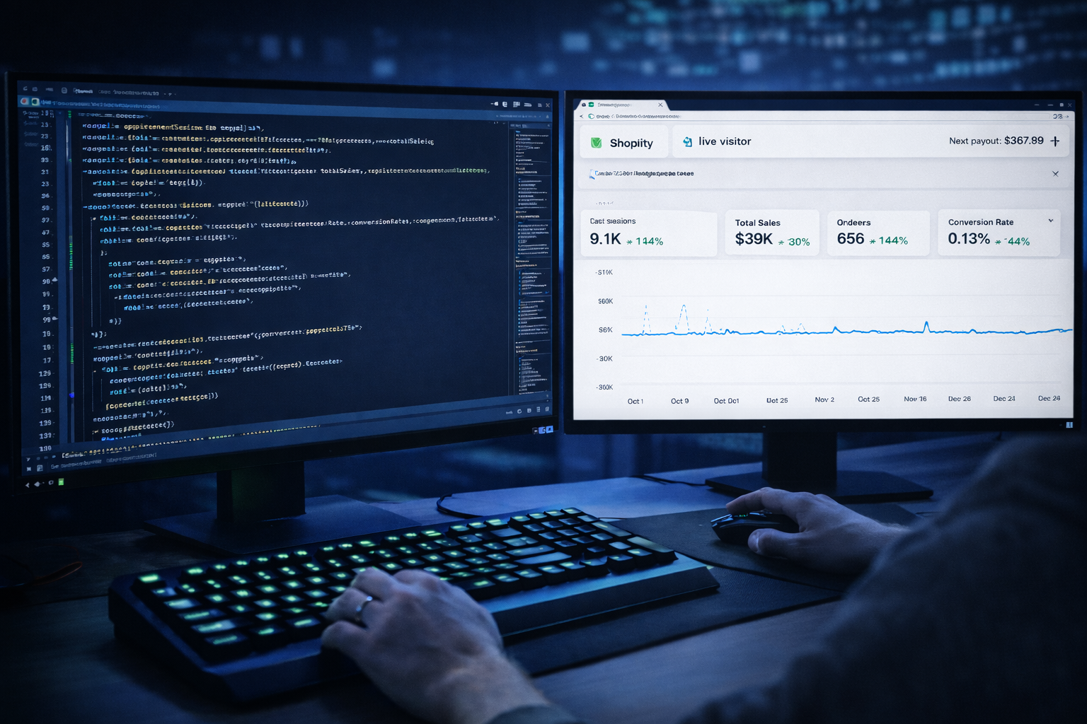 Website design work sample — Shopify dashboard, analytics, and IDE